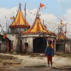 Children observe dilapidated building with vibrant circus tents amidst debris.