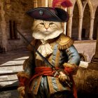 Cat dressed as musketeer in historical setting