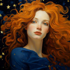 Portrait of woman with flowing red hair and starry blue cloak