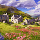 Picturesque rural village with stone houses and wildflower meadows under sunny sky