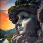 Surrealistic painting of serene female face in sunset landscape