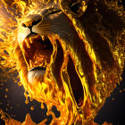 Lion's head roaring in golden flames on dark background