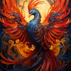 Colorful Phoenix Illustration with Fiery Wings and Golden Sun