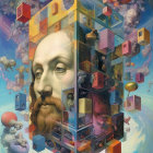 Surreal portrait of bearded man in translucent geometric structure surrounded by floating cubes