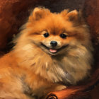 Fluffy golden-brown Pomeranian dog on brown and orange backdrop