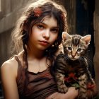 Portrait of young girl with braided hair, flowers, and kitten, two figures in background.