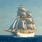 Classic tall ship sailing on calm blue ocean with full white sails