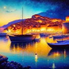 Colorful coastal village painting with boats on calm water at dusk