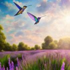 Two hummingbirds over lavender field with trees and sunbeam.