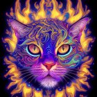 Colorful Psychedelic Cat Face Illustration with Crown-Like Aura on Starry Background