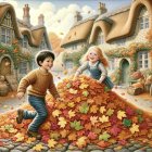 Children playing in large pile of autumn leaves in quaint village setting