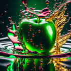 Colorful green apple with purple and yellow splashes on dark background