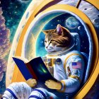 Astronaut cat reading book in space suit with Earth and stars.