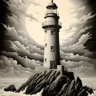 Monochromatic illustration: Lighthouse on rocky outcrop with dramatic sky.