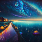 Starry surreal landscape with luminous pathway to lone cabin