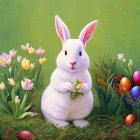 White Rabbit in Grass Field Surrounded by Tulips and Easter Eggs