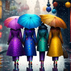 Colorful Umbrellas and Coats on Rainy Street at Twilight