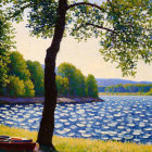 Tranquil lakeside painting with tree, blue water, mountains, and bright sky