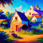 Rural painting: cobblestone path, thatched cottages, autumn trees, white tower building