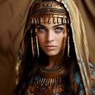 Captivating blue-eyed woman in luxurious blue and gold attire with intricate gold jewelry