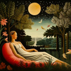 Moonlit garden scene with reclining woman among lush foliage