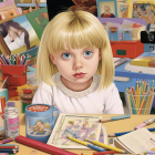 Young Child with Blonde Hair and Blue Eyes Surrounded by Art Supplies and Paintings