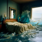 Surreal bedroom submerged in ocean waves under clear sky