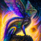 Mythical dragon illustration with iridescent scales and cosmic backdrop