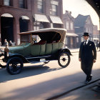 Vintage street scene with man in suit and bowler hat next to classic car.