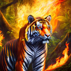 Majestic tiger with vivid stripes in fiery forest setting