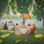 Elegantly dressed group lakeside picnic with yellow umbrella