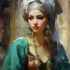 Portrait of a woman in white headscarf, gold jewelry, green robe