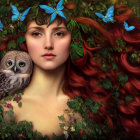 Red-haired woman with blue flowers and owl in green foliage