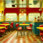 Vintage Retro Diner Interior with Red and Blue Booths