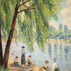 Impressionist painting of people relaxing by a tree on a riverbank