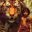 Child in jungle costume with realistic tiger illustration