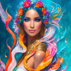 Vibrant digital artwork: Woman with flowing floral hair on celestial blue background