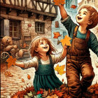 Children playing with autumn leaves on quaint street with old-fashioned houses