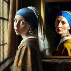 Historical attire woman in blue headscarf and yellow dress reflected in mirror