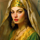 Portrait of Woman in Golden Headdress with Starry Background