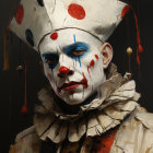 Harlequin costume with white face paint and conical hat