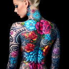 Blonde updo woman with vibrant floral tattoos on black background