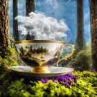 Steaming ornate teacup on mossy forest floor with purple flowers and sunlit trees.