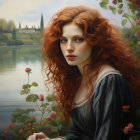 Portrait of woman with red curly hair, blue eyes, surrounded by roses and serene lake.