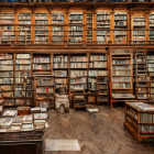 Well-Stocked Library with Wooden Bookshelves and Warm Lighting