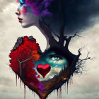 Surreal Woman Profile with Cloud-Like Hair & Upside-Down Heart Landscape