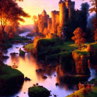 Majestic castle in lush autumn landscape with river and sunset