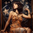 Dark-haired woman in golden gown against starry night backdrop