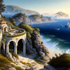 Tranquil coastal landscape with stone villa, arches, beach, boats, and distant islands