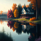 Scenic autumn lakeside house with colorful trees and reflection